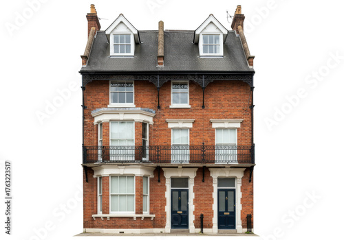 Isolated Townhouse Facade, Victorian Era Architecture, Red Brick Urban Residence, Exterior