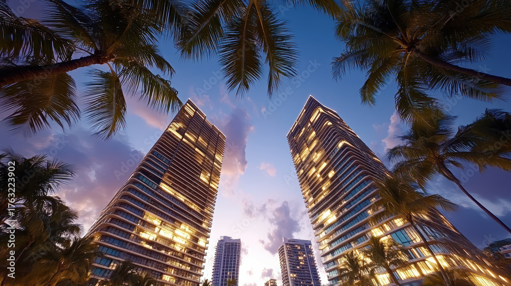 Fototapeta premium Modern skyscrapers palm trees sunset urban landscape architecture city skyline tropical evening