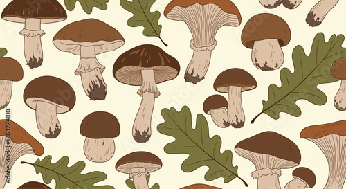 Seamless Pattern with Hand Drawn Edible Mushrooms and Oak Leaves.