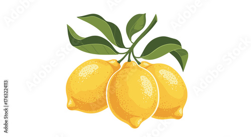 Three vibrant yellow lemons with green leaves on a white background.