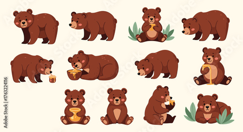 Collection of Adorable Brown Bear Characters in Various Poses and Activities.