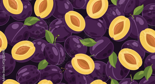 Seamless Pattern of Fresh Ripe Plums and Halved Plums with Green Leaves.