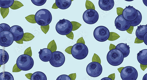 Seamless Pattern of Fresh Blueberries and Green Leaves.