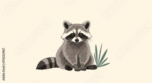 Adorable Raccoon Sitting Peacefully on a Minimalist Background.