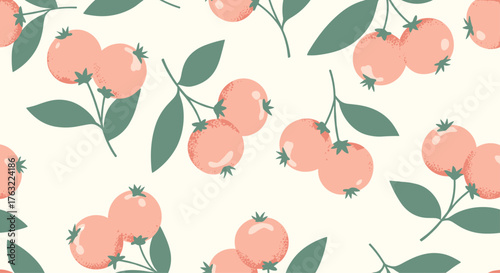 Seamless Pattern with Fresh Pink Berries and Green Leaves.