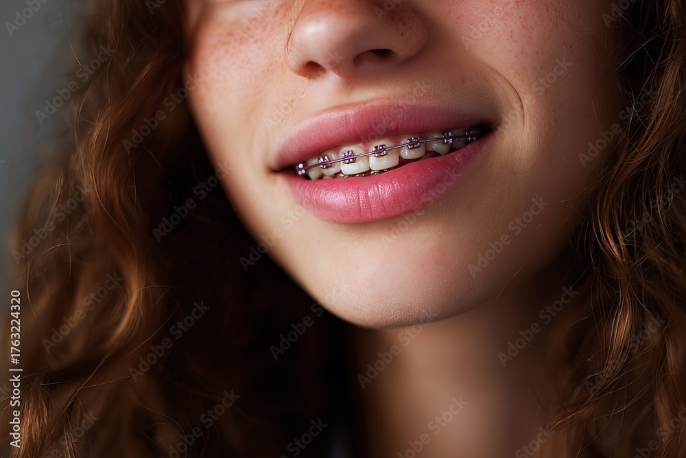 Fototapeta premium Teenage girl smiling, showcasing dental braces, highlighting orthodontic care and youthful expression.