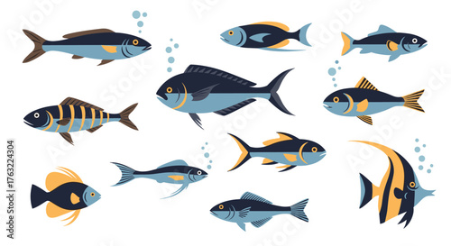 Diverse collection of colorful fish swimming in water with bubbles, showcasing various species and aquatic life.