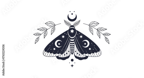 Mystical Moth with Celestial Elements and Botanical Branches.