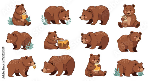 Set of cute brown bears in various poses eating honey.