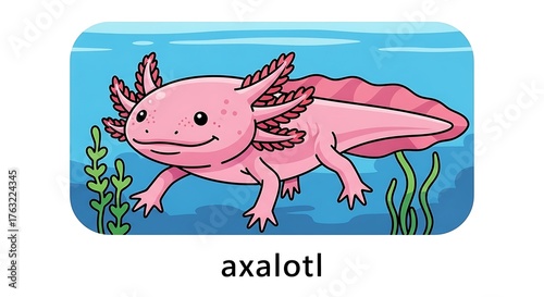 Cute Pink Axolotl Swimming Underwater with Green Aquatic Plants.