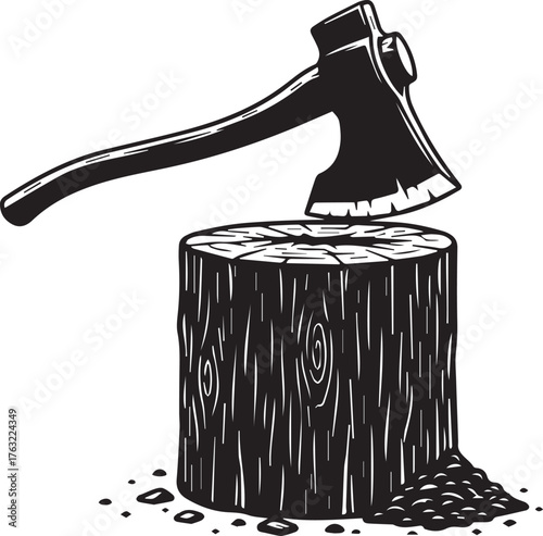 Classic black and white illustration of a sharp axe embedded in a sturdy chopping block, symbolizing traditional manual labor, forestry, and the raw power of nature's resources