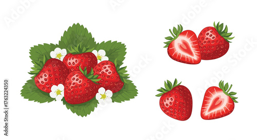 Fresh Red Strawberries with Green Leaves and White Flowers.