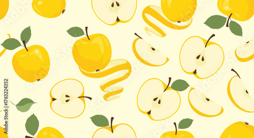Seamless pattern with fresh yellow apples and slices, perfect for healthy food designs.