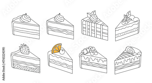 Delicious Assortment of Hand-Drawn Cake Slices with Various Toppings and Layers.