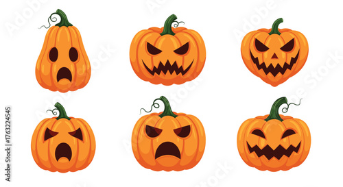 Set of six spooky Halloween pumpkins with various carved faces, isolated on a white background, perfect for holiday designs.