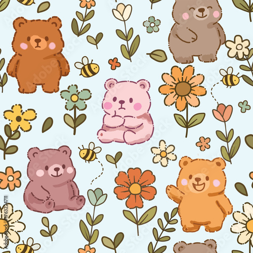 Cute little bear and bee are happy in the flower garden seamless pattern