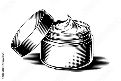 a jar of cream with its lid open, showing visible cream inside, symbolizing skincare and beauty.