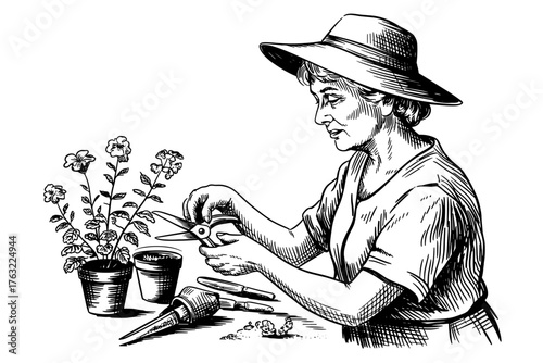 an elderly woman wearing a hat pruning a potted plant with scissors, surrounded by gardening tools on a table