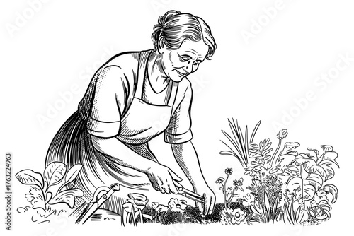 An elderly woman gardening with flowers and plants, wearing an apron and using clippers, symbolizing care and peaceful living.