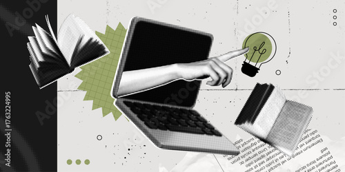 Trendy Halftone Collage Online education concept. Computer laptop with hand, floating books and lightbulb. News course, webinar. Smart thinking and brainstorming. Contemporary vector illustration art