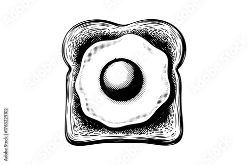 Black and white of toast with a fried egg on top, drawn in a vintage or comic book style with bold, textured lines.