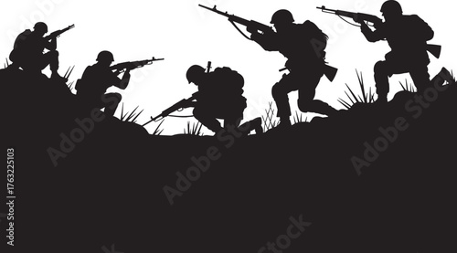 Silhouettes of Armed Soldiers in Combat Positions
