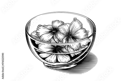 Detailed black and white line of a clear glass bowl filled with flowers, drawn in a delicate and artistic