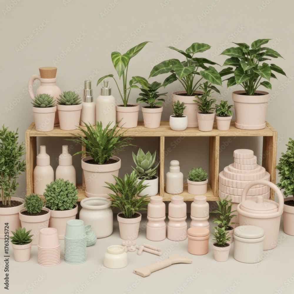 Fototapeta premium Collection of various potted plants and home decor items displayed on shelving units and surfaces