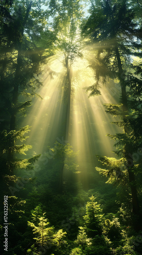 Majestic sunlight pierces through the dense forest canopy, creating beautiful golden rays that illuminate the misty green trees below.