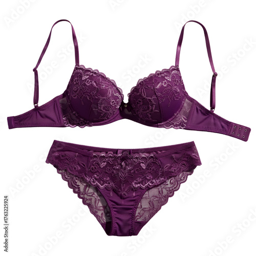 Purple Lace Lingerie Set with Bra and Panties Isolated on Transparent Background, Elegant Fashion Underwear Concept