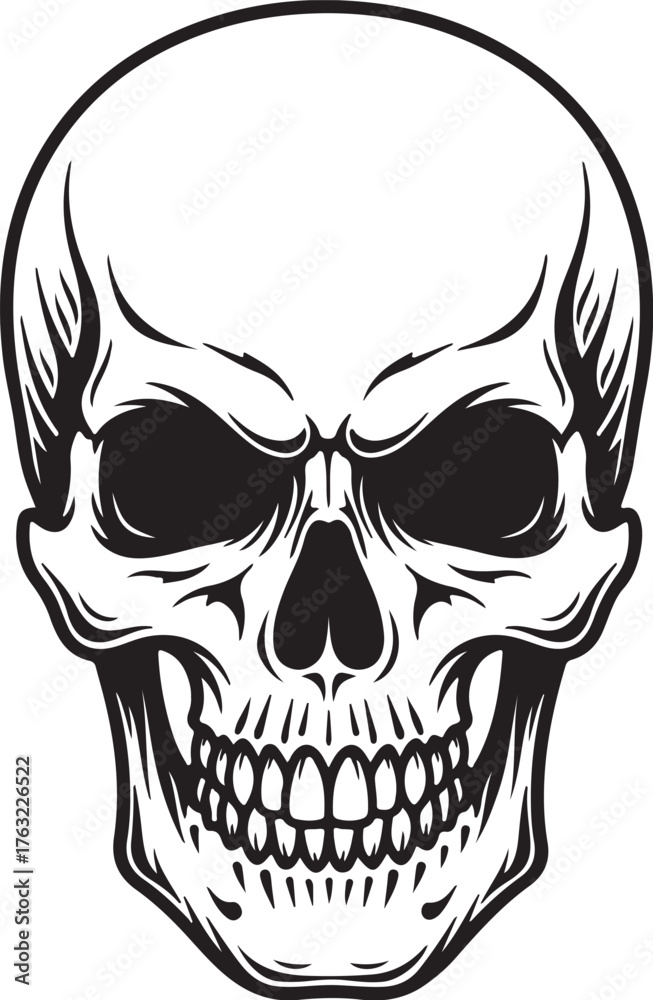Fototapeta premium Black and white illustration of a human skull with detailed features on a white background skeleton death on transparent background