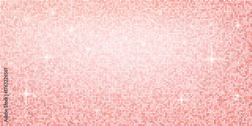 Pink square sequin mosaic background with disco ball shine and glitter texture. Rose gold sparkle floor for glam party or abstract shimmer wall design. Vector illustration.