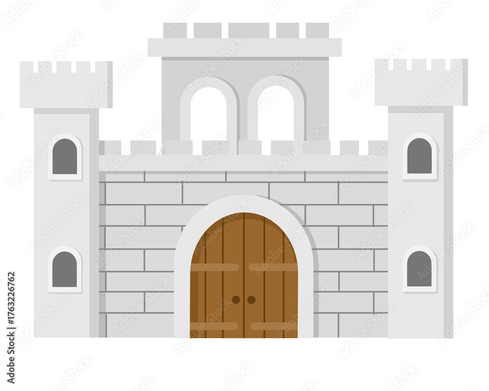 Fototapeta premium Medieval Castle Wall with Wooden Door and Stone Turrets Illustration