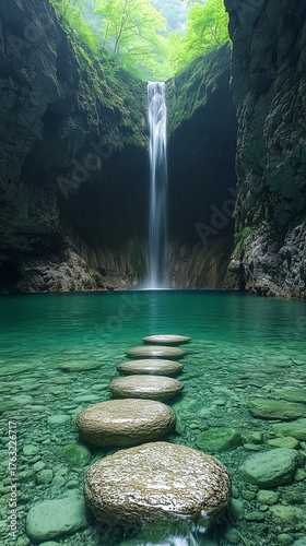 Beautiful waterfall cascades into a clear turquoise pool with natural stepping stones leading across the calm water.