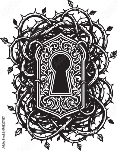 Ornate vintage keyhole entangled in a thicket of sharp thorny vines, a symbol of a hidden secret or a forbidden entrance
