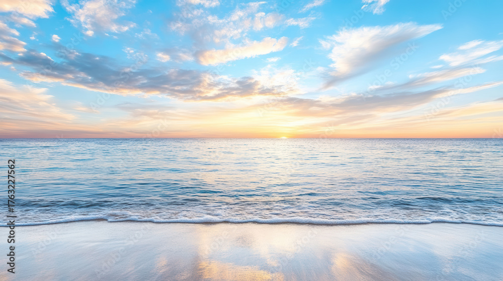 Fototapeta premium Serene ocean view with vibrant sunset reflecting on calm waters, creating peaceful atmosphere