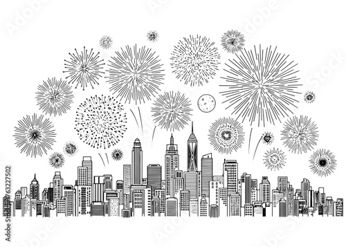 A festive fireworks display exploding over a modern city skyline. Hand-drawn black and white vector illustration, perfect for a coloring book or celebration.