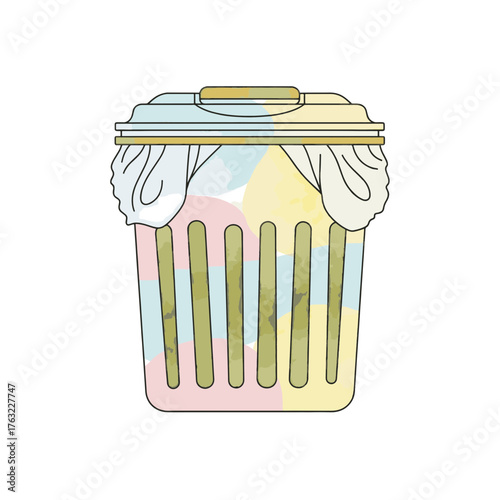 Flat vector style illustration of a full trash can. Simple outline graphic for garbage and waste disposal concepts. Isolated icon for web and app UI design.