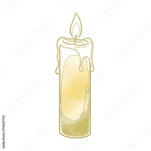 Flat vector style illustration of a beeswax candle. Stylized line art of a single glowing candle with a flame. Isolated graphic element