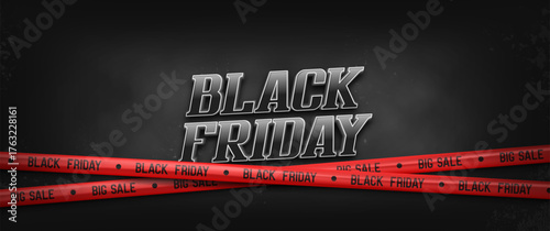 Black Friday banner with red tape ribbons. Promotion sale poster. Marketing advertisement concept. Vector illustration.
