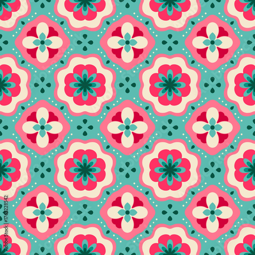 Teal and Pink Floral Tile Seamless Pattern
