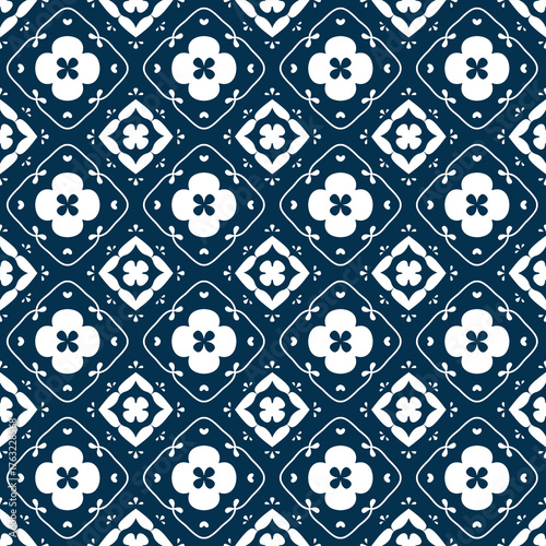 Navy Floral Diamond Tile Seamless Pattern
