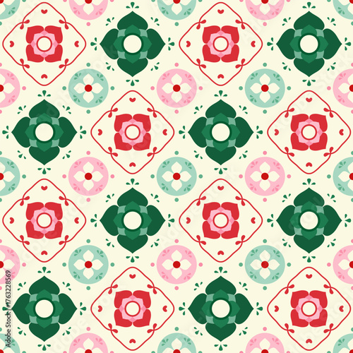 Cream Red Green Floral Tile Seamless Pattern

