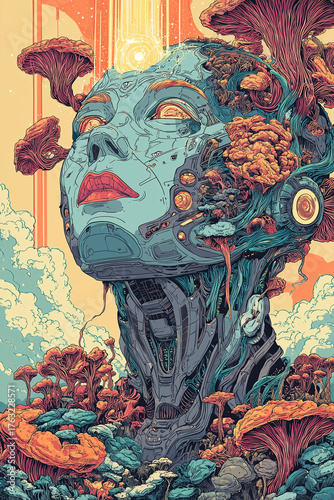 Abstract illustration of a futuristic female robot fused with fungi, mycelium and organic vegetation
