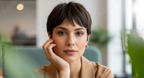 images of pixie cut hairstyle - A thoughtful young woman with short hair sits in a bright, modern space surrounded by greenery, exuding calm and contemplation while gazing intently