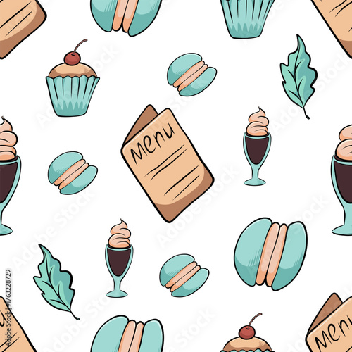 Pattern with a turquoise cocktail, menu, macaron, and leaves