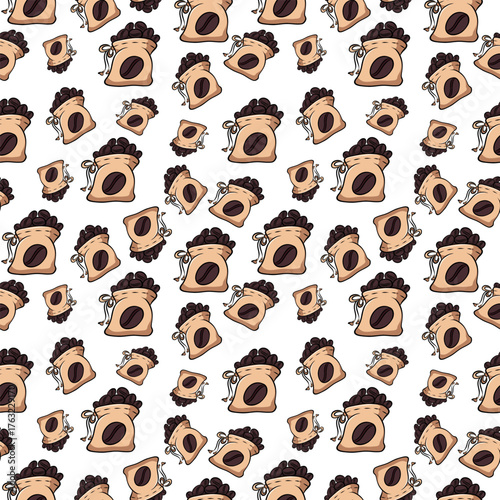 Pattern with brown coffee bags and beans