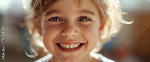 Closeup of a happy child's face with beautiful eyes and teeth