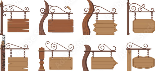 Set of eight vintage wooden hanging signboards with decorative iron brackets, vector illustration of rustic signage templates for shop and cafe design