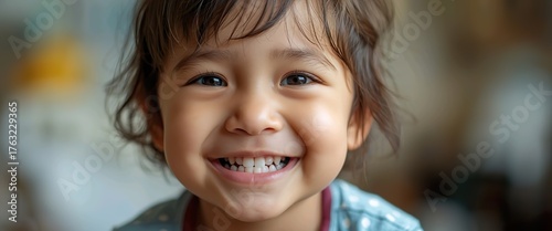 Closeup of a happy child's face with beautiful eyes and teeth